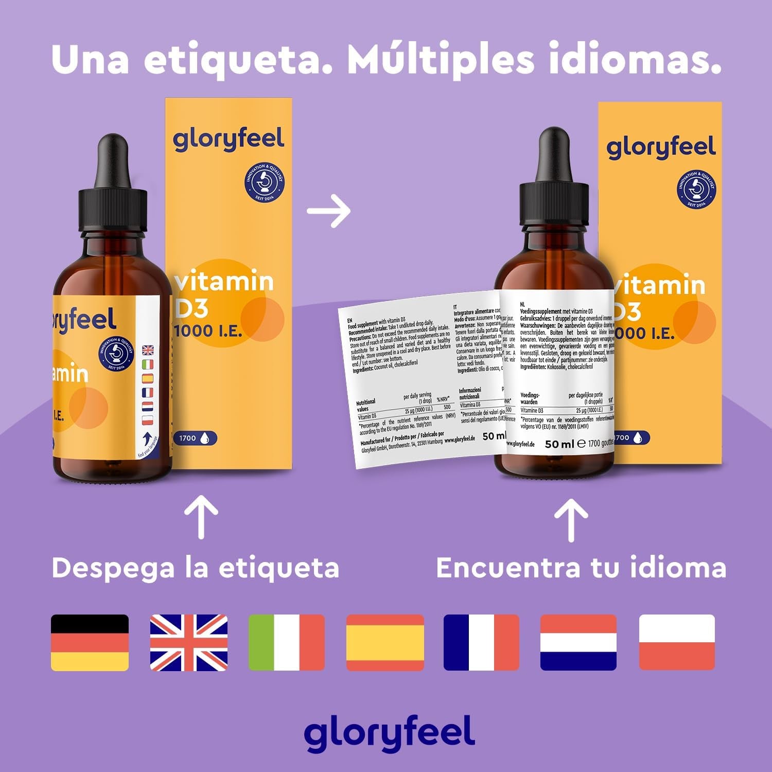 Vitamina D3 En Gotas - 5000 U.I. Por 5 Gotas - 50Ml (Líquido) En Aceite MCT De Coco - Altamente Biodisponibles Y Estables - Probado En Laboratorio, Fabricado En Alemania Sin Aditivos