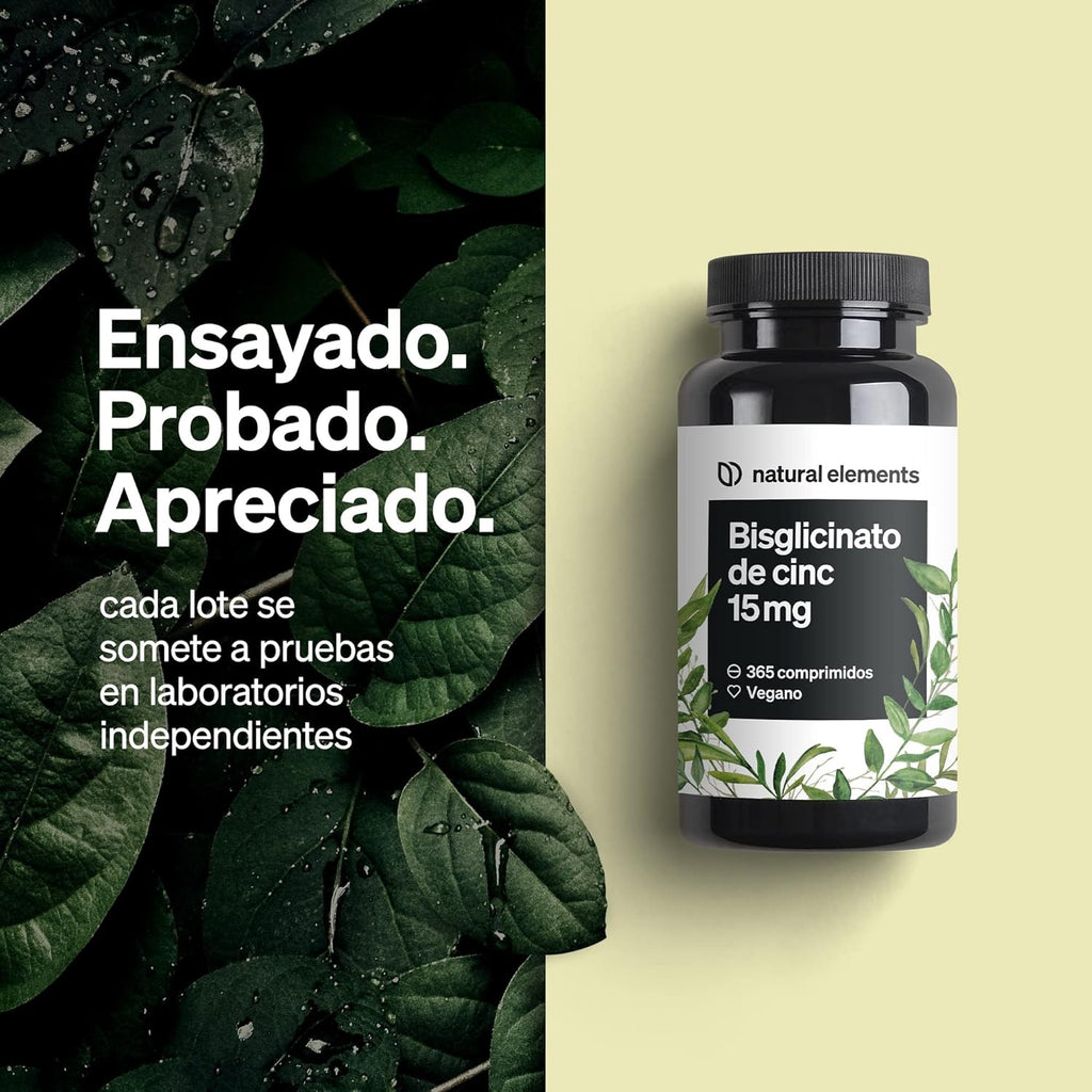 Zinc Bisglicinato 15Mg - 365 Comprimidos (1 Año) - Para El Pelo, Piel, Uñas Y Reforzar Sistema Inmunológico - Bisglicinato De Zinc Alta Biodisponibilidad - Probado En Laboratorio Y Vegano