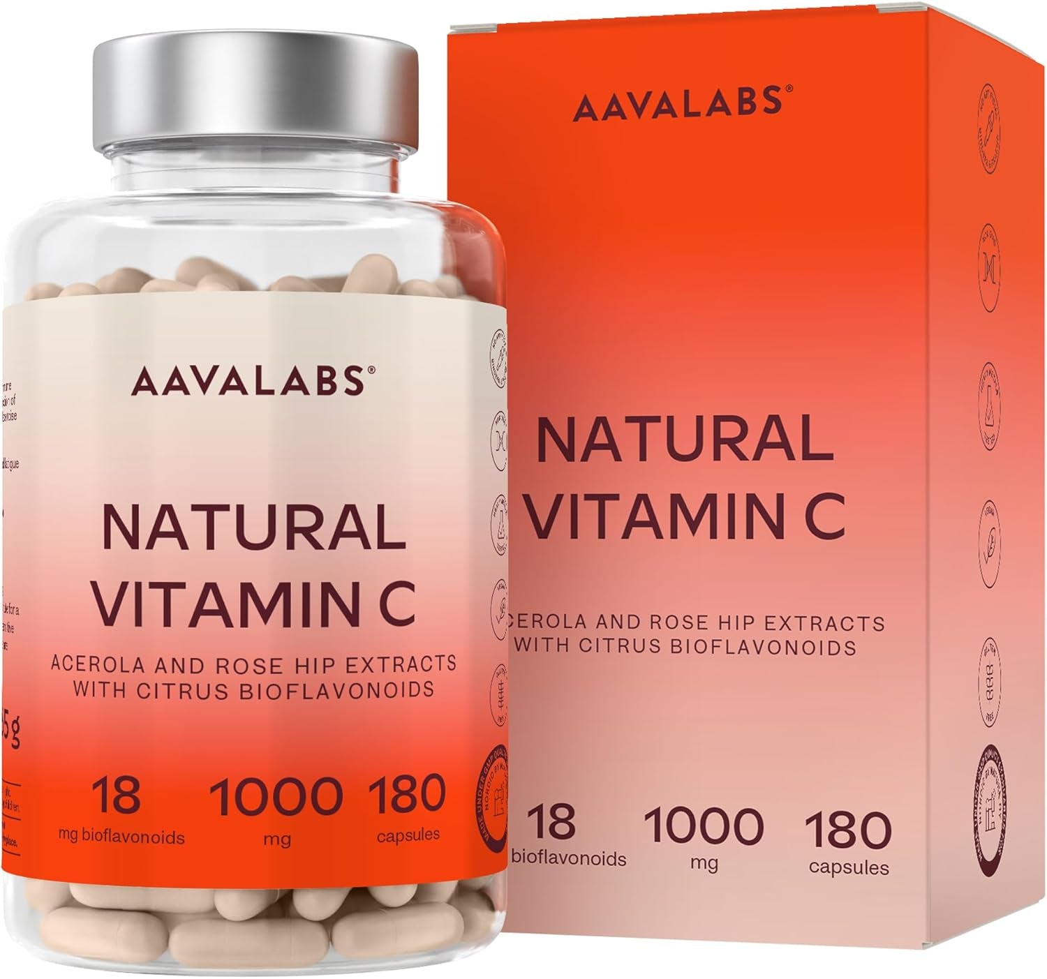 Vitamina C 1000 Mg - Vitamina C Natural - Con Flavonoides De Fruta Cítrica Y Acerola - Por Dosis Diaria (2 Cápsulas) - 180 Cápsulas De Vitamina C Pura Altamente Concentrada- Vegano Y Sin Gluten