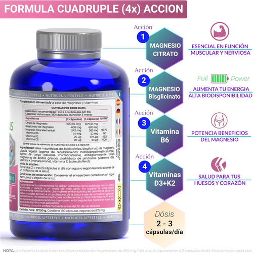 Citrato De Magnesio 1577Mg + Bisglicinato De Magnesio 600Mg - Reduce Cansancio Y Fatiga, Alivia Dolor Articulaciones Y Músculos, Alta Biodisponibilidad | 180 Cápsulas