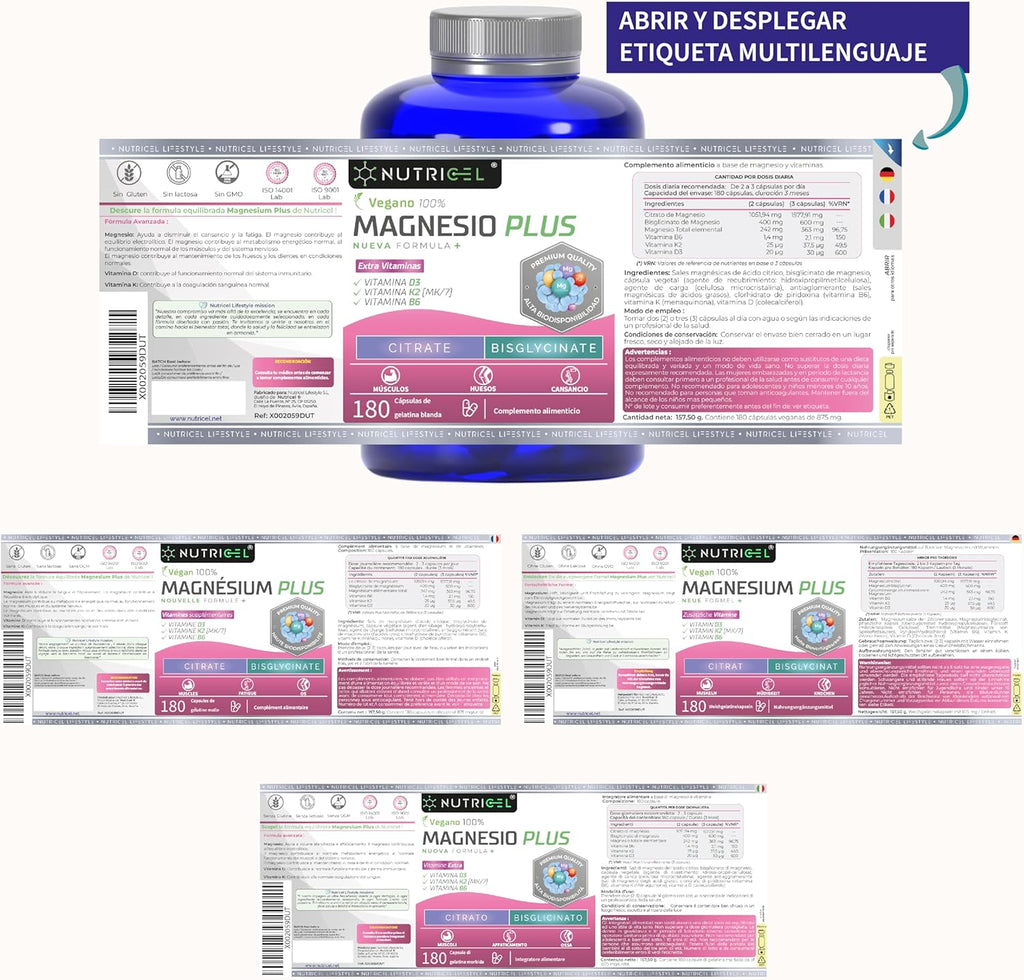 Citrato De Magnesio 1577Mg + Bisglicinato De Magnesio 600Mg - Reduce Cansancio Y Fatiga, Alivia Dolor Articulaciones Y Músculos, Alta Biodisponibilidad | 180 Cápsulas