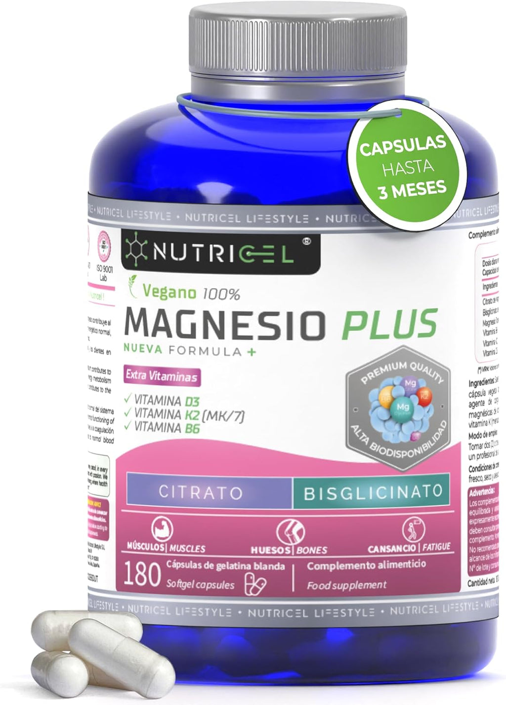 Citrato De Magnesio 1577Mg + Bisglicinato De Magnesio 600Mg - Reduce Cansancio Y Fatiga, Alivia Dolor Articulaciones Y Músculos, Alta Biodisponibilidad | 180 Cápsulas
