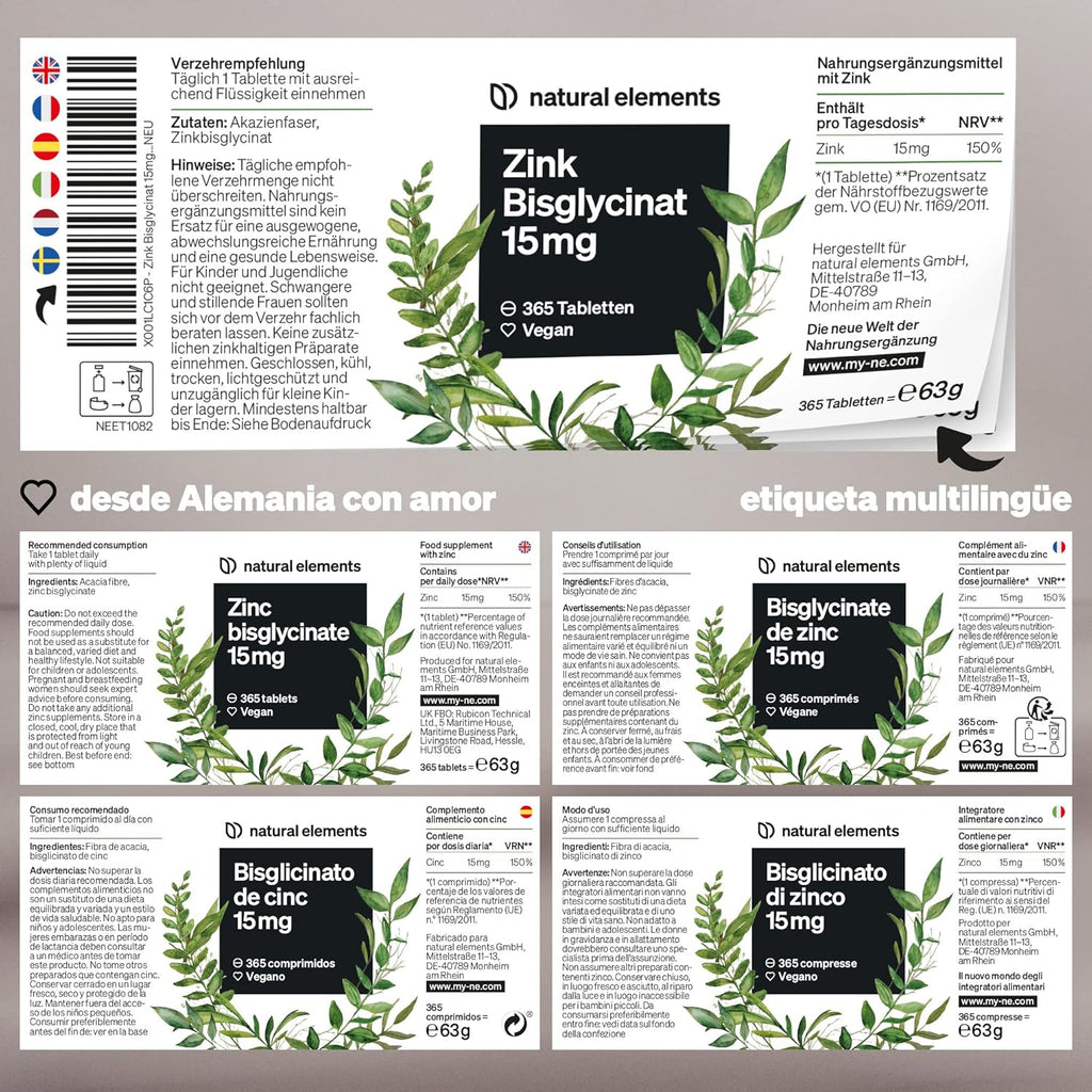 Zinc Bisglicinato 15Mg - 365 Comprimidos (1 Año) - Para El Pelo, Piel, Uñas Y Reforzar Sistema Inmunológico - Bisglicinato De Zinc Alta Biodisponibilidad - Probado En Laboratorio Y Vegano