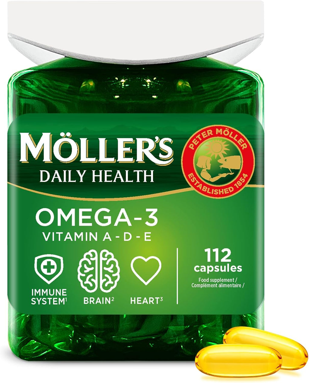 Moller’S ® | Cápsulas De Omega 3 | Aceite De Pescado | Suplemento Dietético Nórdico Con Omega 3 Y EPA, DHA, Vitaminas A, D Y E | Marca Con 166 Años De Historia | Daily Health | 112 Cápsulas