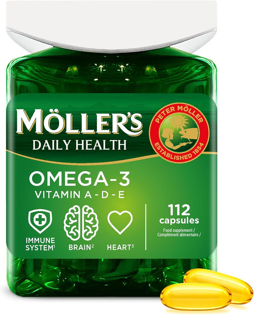 Moller’S ® | Cápsulas De Omega 3 | Aceite De Pescado | Suplemento Dietético Nórdico Con Omega 3 Y EPA, DHA, Vitaminas A, D Y E | Marca Con 166 Años De Historia | Daily Health | 112 Cápsulas