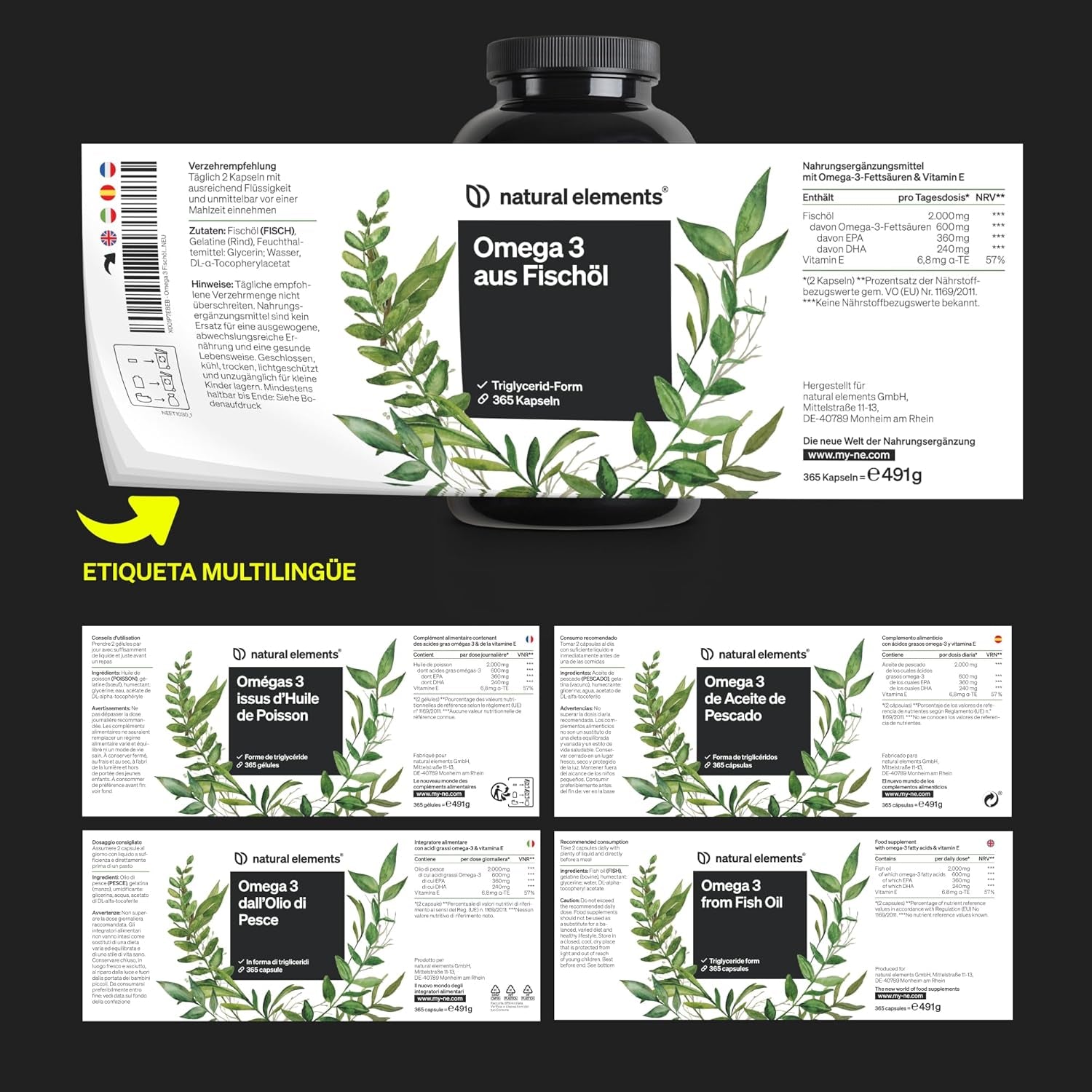 Omega 3 2000Mg Por Dosis Diaria - 365 Cápsulas De Omega-3 - Máxima Concentración De DHA 240Mg Y EPA 360Mg - Probada En Laboratorio Y Fabricada En Alemania